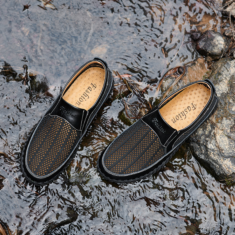 Men's Breathable Hollow Handmade Loafers Leather Breathable Mesh Fashion Slip Boat Shoes Business Formal Casual Walking Shoes