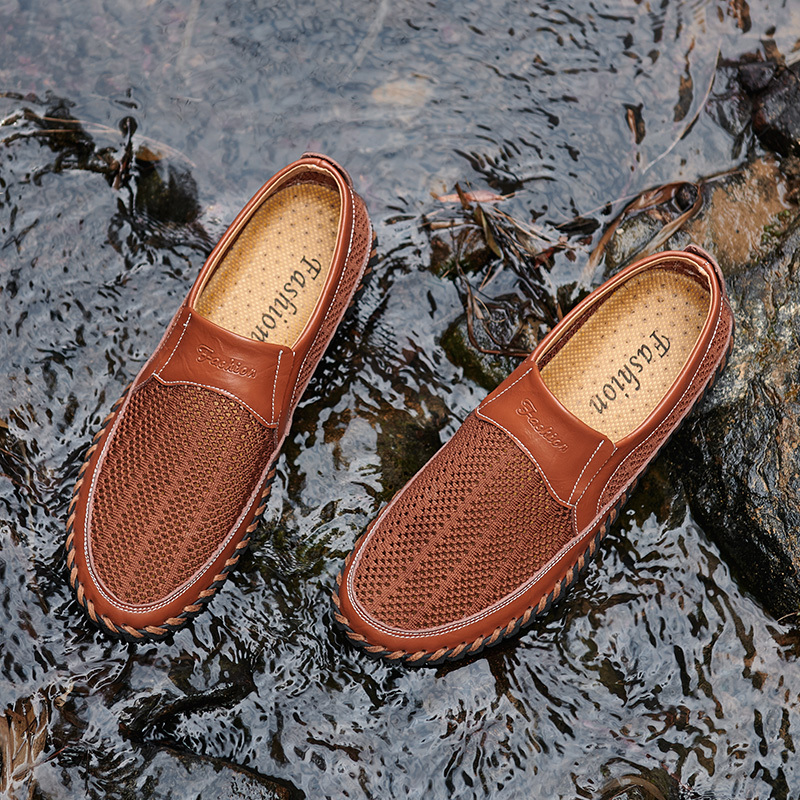 Men's Breathable Hollow Handmade Loafers Leather Breathable Mesh Fashion Slip Boat Shoes Business Formal Casual Walking Shoes