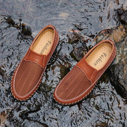 Men's Breathable Hollow Handmade Loafers Leather Breathable Mesh Fashion Slip Boat Shoes Business Formal Casual Walking Shoes