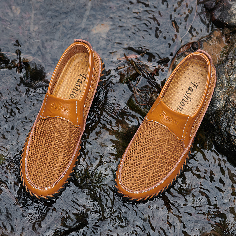 Men's Breathable Hollow Handmade Loafers Leather Breathable Mesh Fashion Slip Boat Shoes Business Formal Casual Walking Shoes