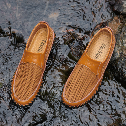 Men's Breathable Hollow Handmade Loafers Leather Breathable Mesh Fashion Slip Boat Shoes Business Formal Casual Walking Shoes