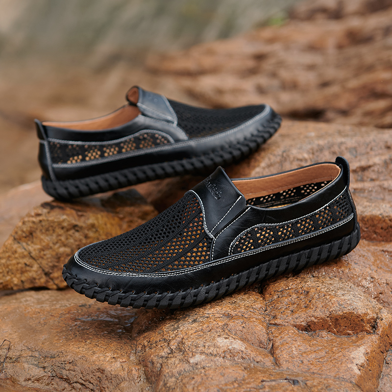 Men's Breathable Hollow Handmade Loafers Leather Breathable Mesh Fashion Slip Boat Shoes Business Formal Casual Walking Shoes