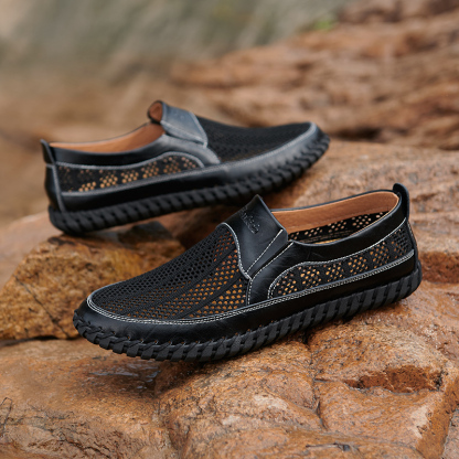 Men's Breathable Hollow Handmade Loafers Leather Breathable Mesh Fashion Slip Boat Shoes Business Formal Casual Walking Shoes
