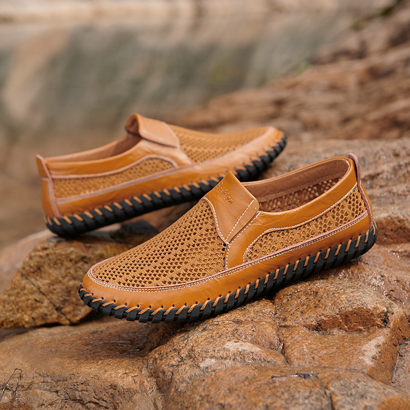 Men's Breathable Hollow Handmade Loafers Leather Breathable Mesh Fashion Slip Boat Shoes Business Formal Casual Walking Shoes