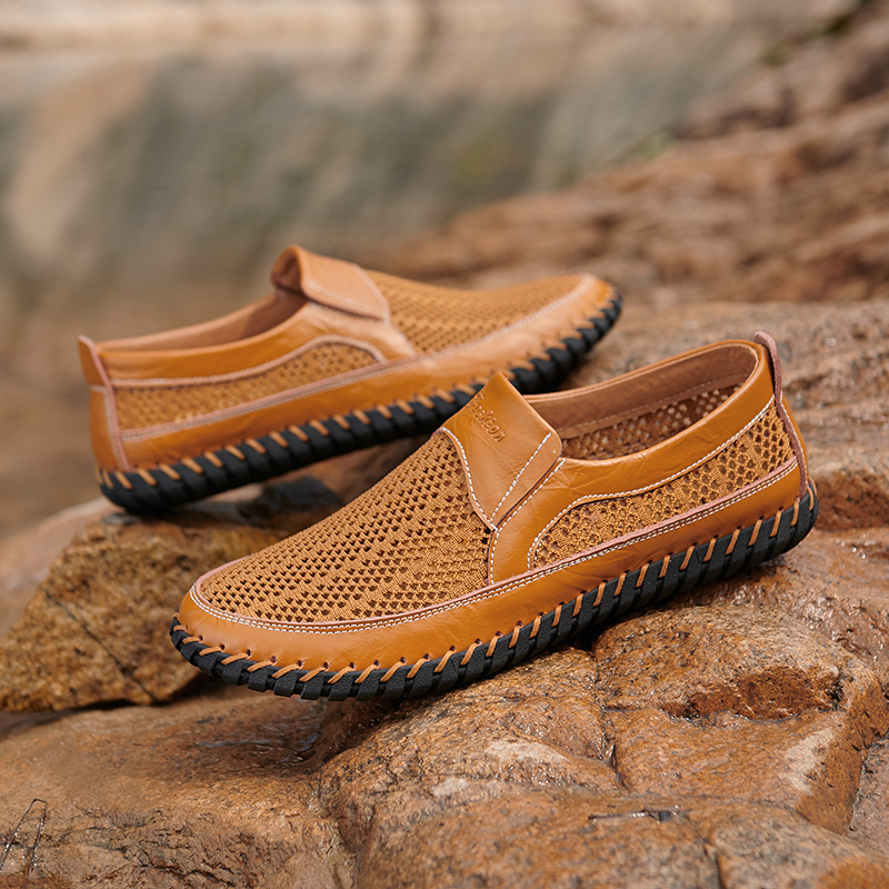 Men's Breathable Hollow Handmade Loafers Leather Breathable Mesh Fashion Slip Boat Shoes Business Formal Casual Walking Shoes