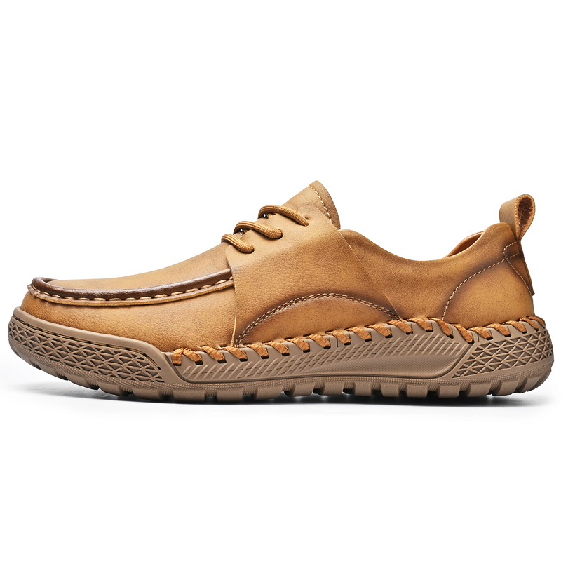 Men's Leather Lace-Up Loafers for Driving Travel & Hiking Hand-Stitched Business Casual Shoes Anti-Slip Rubber Sole Lightweight & Breathable Comfortable Walking Shoes for Men