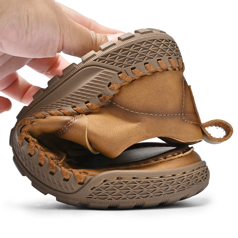 Men's Leather Lace-Up Loafers for Driving Travel & Hiking Hand-Stitched Business Casual Shoes Anti-Slip Rubber Sole Lightweight & Breathable Comfortable Walking Shoes for Men