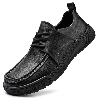 Men's Leather Lace-Up Loafers for Driving Travel & Hiking Hand-Stitched Business Casual Shoes Anti-Slip Rubber Sole Lightweight & Breathable Comfortable Walking Shoes for Men