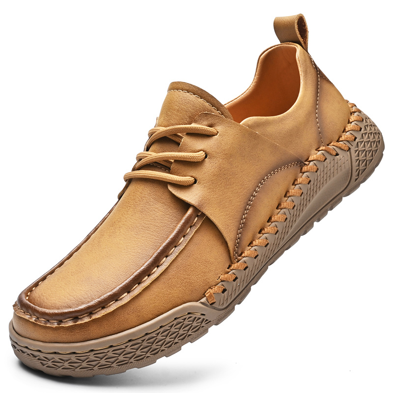 Men's Leather Lace-Up Loafers for Driving Travel & Hiking Hand-Stitched Business Casual Shoes Anti-Slip Rubber Sole Lightweight & Breathable Comfortable Walking Shoes for Men