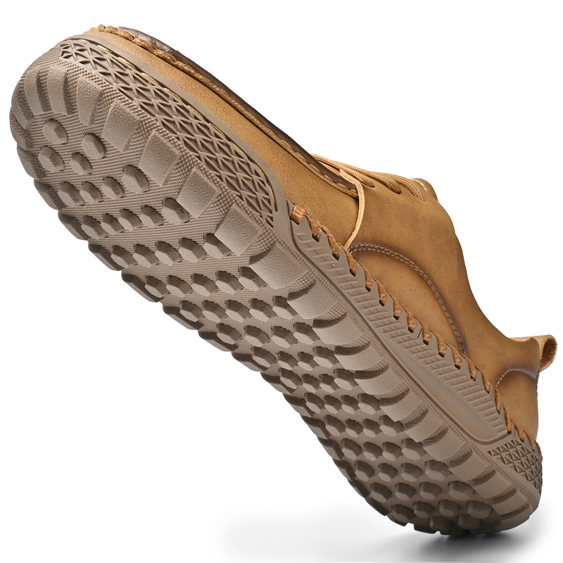 Men's Leather Lace-Up Loafers for Driving Travel & Hiking Hand-Stitched Business Casual Shoes Anti-Slip Rubber Sole Lightweight & Breathable Comfortable Walking Shoes for Men