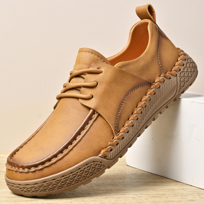 Men's Leather Lace-Up Loafers for Driving Travel & Hiking Hand-Stitched Business Casual Shoes Anti-Slip Rubber Sole Lightweight & Breathable Comfortable Walking Shoes for Men