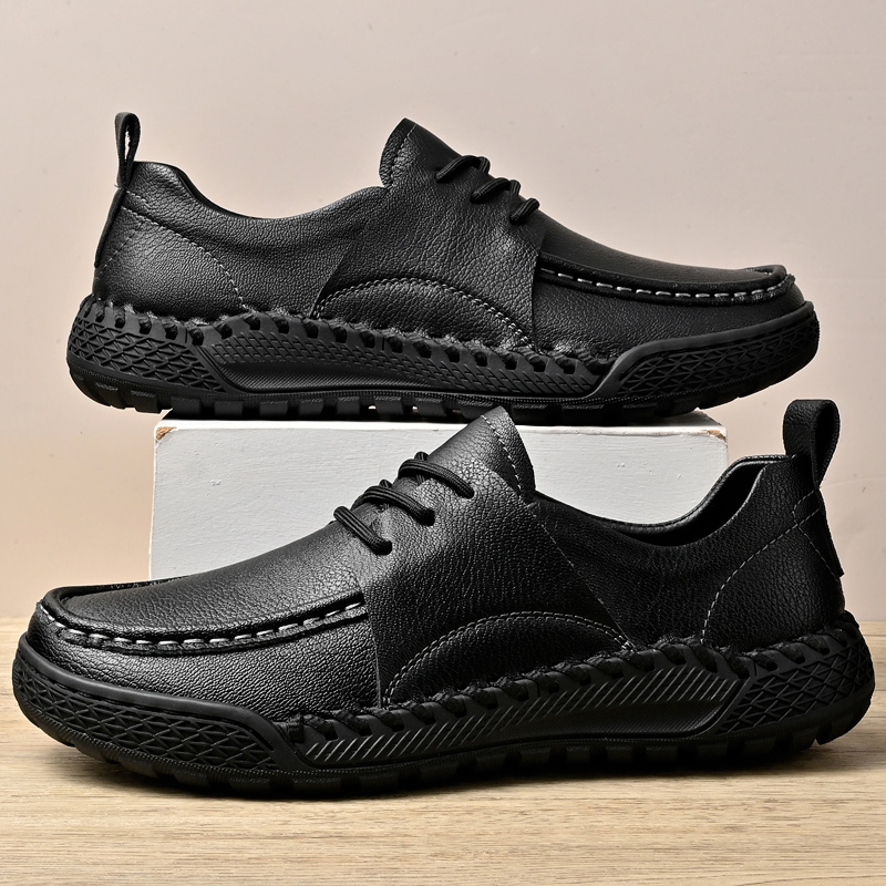 Men's Leather Lace-Up Loafers for Driving Travel & Hiking Hand-Stitched Business Casual Shoes Anti-Slip Rubber Sole Lightweight & Breathable Comfortable Walking Shoes for Men