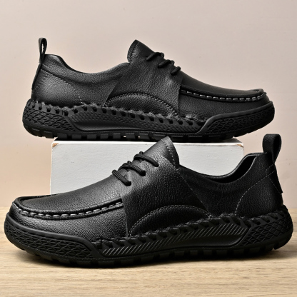 Men's Leather Lace-Up Loafers for Driving Travel & Hiking Hand-Stitched Business Casual Shoes Anti-Slip Rubber Sole Lightweight & Breathable Comfortable Walking Shoes for Men