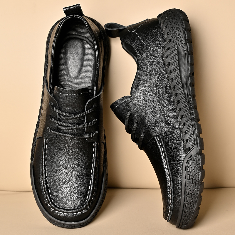 Men's Leather Lace-Up Loafers for Driving Travel & Hiking Hand-Stitched Business Casual Shoes Anti-Slip Rubber Sole Lightweight & Breathable Comfortable Walking Shoes for Men