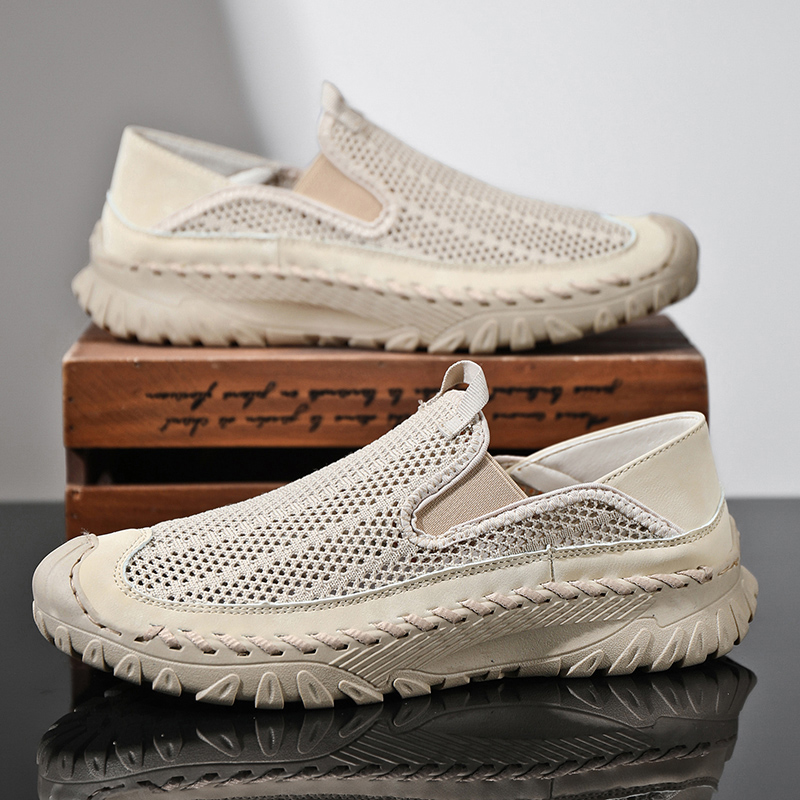 Men's Casual Handmade Breathable Hollow Mesh Loafers Outdoor Lightweight and Fashionable Soft Soled Driving Shoes