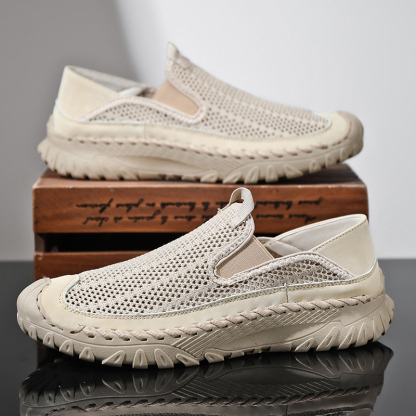 Men's Casual Handmade Breathable Hollow Mesh Loafers Outdoor Lightweight and Fashionable Soft Soled Driving Shoes