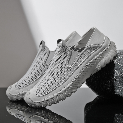 Men's Casual Handmade Breathable Hollow Mesh Loafers Outdoor Lightweight and Fashionable Soft Soled Driving Shoes