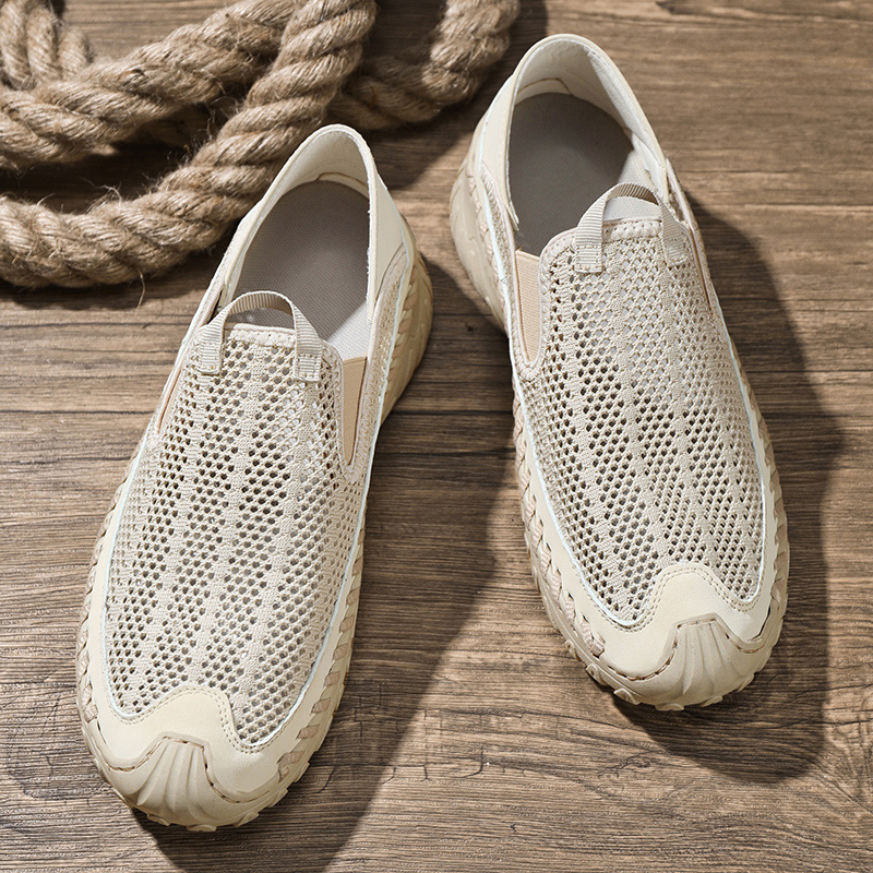 Men's Casual Handmade Breathable Hollow Mesh Loafers Outdoor Lightweight and Fashionable Soft Soled Driving Shoes