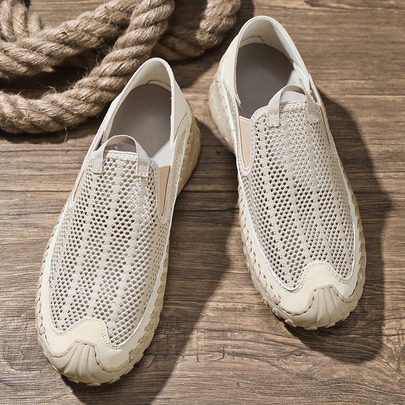 Men's Casual Handmade Breathable Hollow Mesh Loafers Outdoor Lightweight and Fashionable Soft Soled Driving Shoes