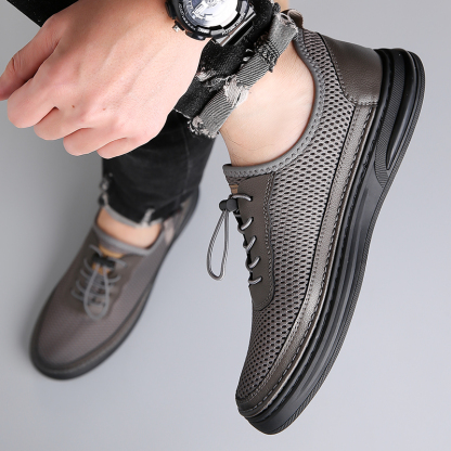 Mens Fashion Mesh Cutout Low Top Soft Sneakers Comfortable Slip On Lace Up Breathable Lightweight Non Slip Platform Casual Oxfords Business Dress Walking Driving Shoes