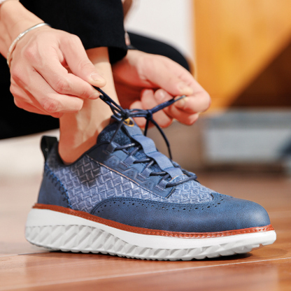 Men's Blue Casual Sneakers, Artificial Leather Upper,Thick Soles, Big Sizes, British Style, Brogues Shoes,Comfortable