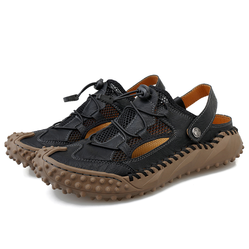 Mens Sandals Leather Closed Toe Outdoor Summer Anti-Slip Beach Sandals