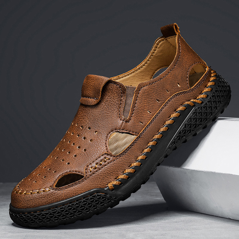 Men's Casual Leather Sandals Hollow Outdoor Breathable Comfortable Closed Toe Fisherman Summer Beach Walking Wading Shoes