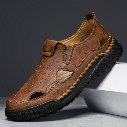Men's Casual Leather Sandals Hollow Outdoor Breathable Comfortable Closed Toe Fisherman Summer Beach Walking Wading Shoes