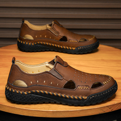 Men's Casual Leather Sandals Hollow Outdoor Breathable Comfortable Closed Toe Fisherman Summer Beach Walking Wading Shoes