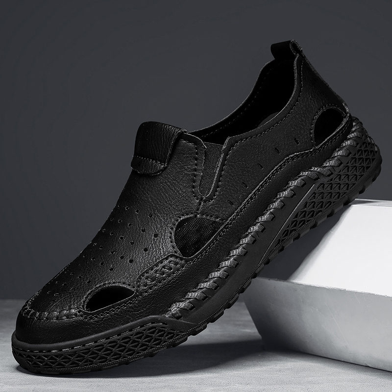 Men's Casual Leather Sandals Hollow Outdoor Breathable Comfortable Closed Toe Fisherman Summer Beach Walking Wading Shoes