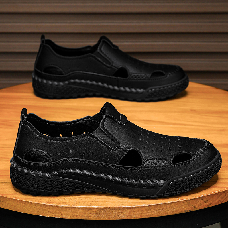 Men's Casual Leather Sandals Hollow Outdoor Breathable Comfortable Closed Toe Fisherman Summer Beach Walking Wading Shoes