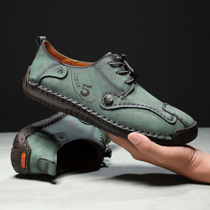 Mens Casual Shoes Summer Breathable Sneakers Loafers Walking Shoes Hand Made Lace-Up Leather Dress Flats Shoes for Driving Business Working Office