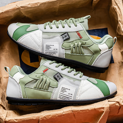 Men's Leather Comfortable Simple Color Blocked Sneakers Fashion Lightweight Round Toe Lace up Soft Sole Non-Slip Low Top Running Shoes Casual Walking Shoes