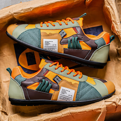 Men's Leather Comfortable Simple Color Blocked Sneakers Fashion Lightweight Round Toe Lace up Soft Sole Non-Slip Low Top Running Shoes Casual Walking Shoes