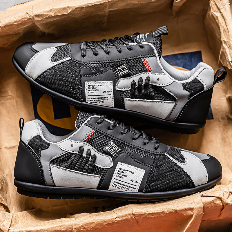 Men's Leather Comfortable Simple Color Blocked Sneakers Fashion Lightweight Round Toe Lace up Soft Sole Non-Slip Low Top Running Shoes Casual Walking Shoes