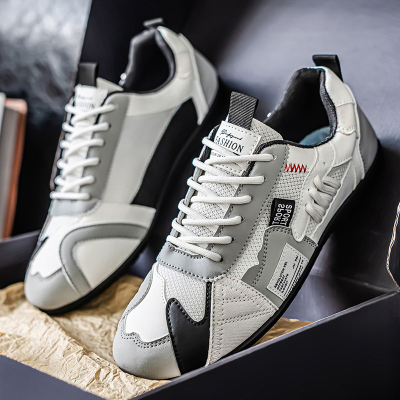Men's Leather Comfortable Simple Color Blocked Sneakers Fashion Lightweight Round Toe Lace up Soft Sole Non-Slip Low Top Running Shoes Casual Walking Shoes