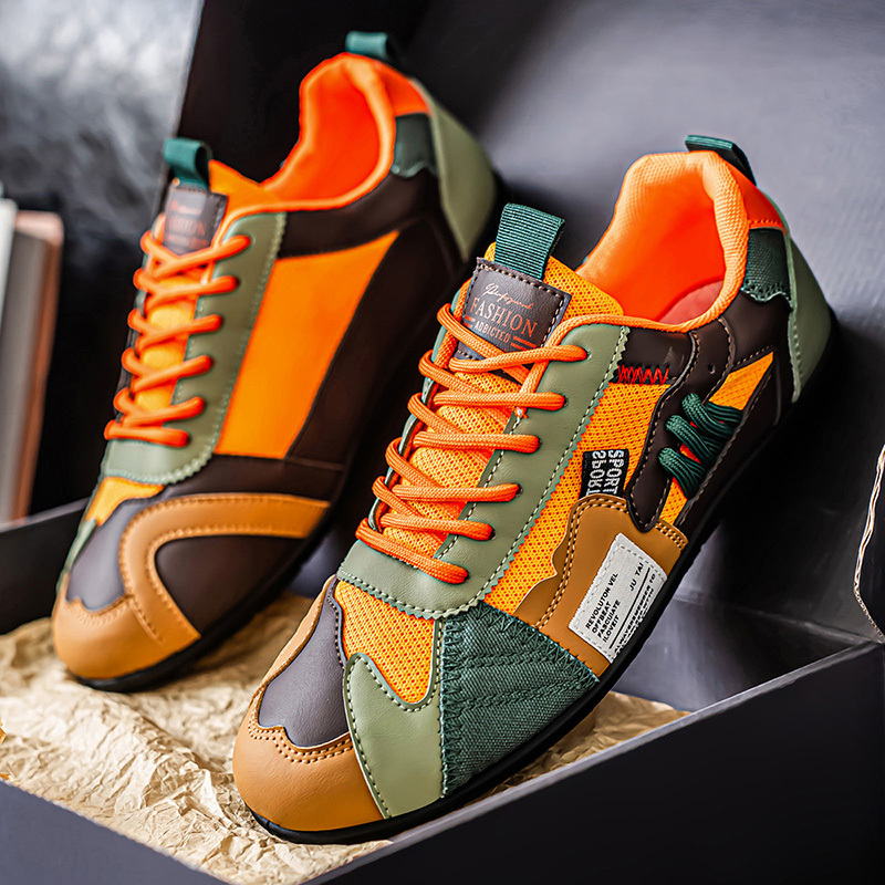 Men's Leather Comfortable Simple Color Blocked Sneakers Fashion Lightweight Round Toe Lace up Soft Sole Non-Slip Low Top Running Shoes Casual Walking Shoes