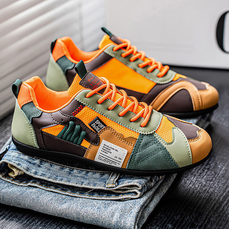 Men's Leather Comfortable Simple Color Blocked Sneakers Fashion Lightweight Round Toe Lace up Soft Sole Non-Slip Low Top Running Shoes Casual Walking Shoes