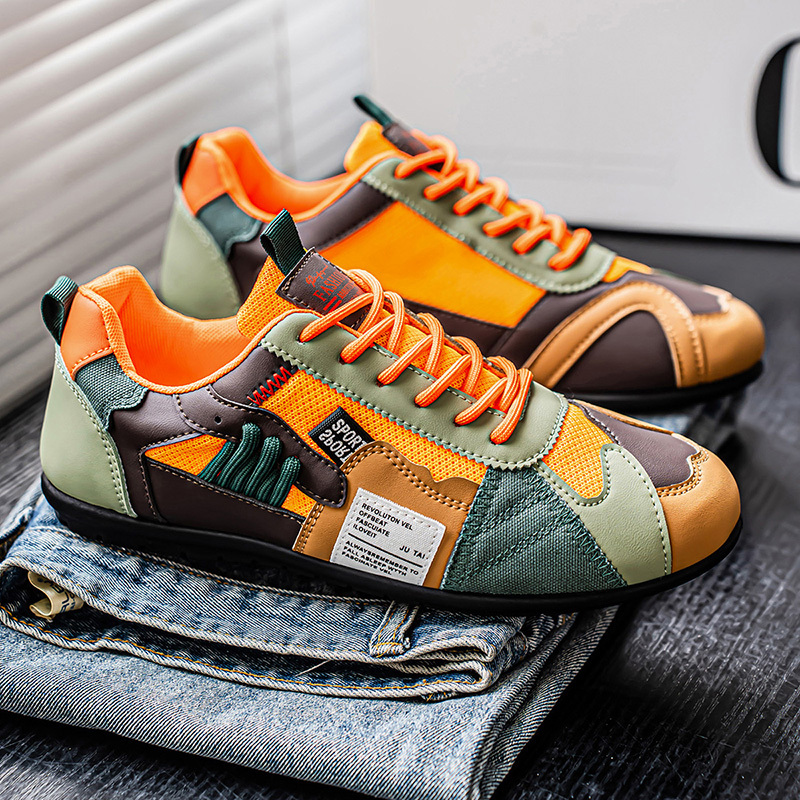 Men's Leather Comfortable Simple Color Blocked Sneakers Fashion Lightweight Round Toe Lace up Soft Sole Non-Slip Low Top Running Shoes Casual Walking Shoes