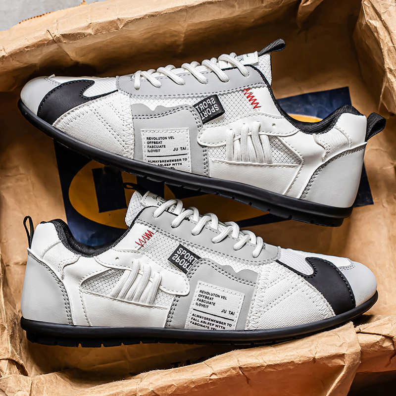 Men's Leather Comfortable Simple Color Blocked Sneakers Fashion Lightweight Round Toe Lace up Soft Sole Non-Slip Low Top Running Shoes Casual Walking Shoes