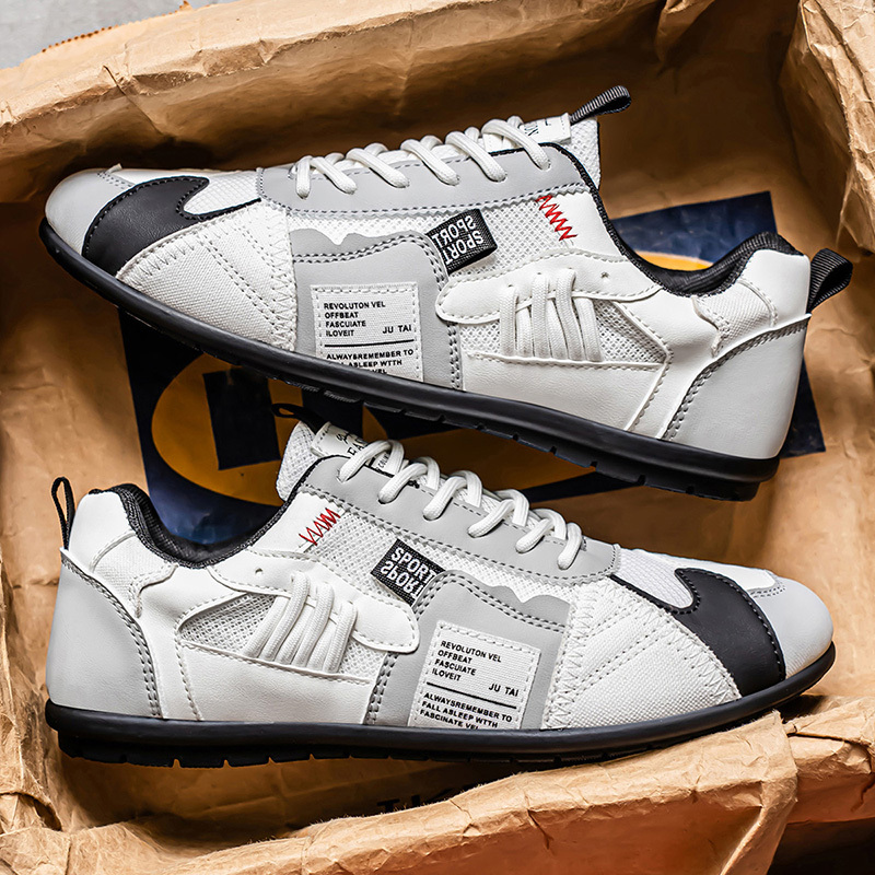 Men's Leather Comfortable Simple Color Blocked Sneakers Fashion Lightweight Round Toe Lace up Soft Sole Non-Slip Low Top Running Shoes Casual Walking Shoes