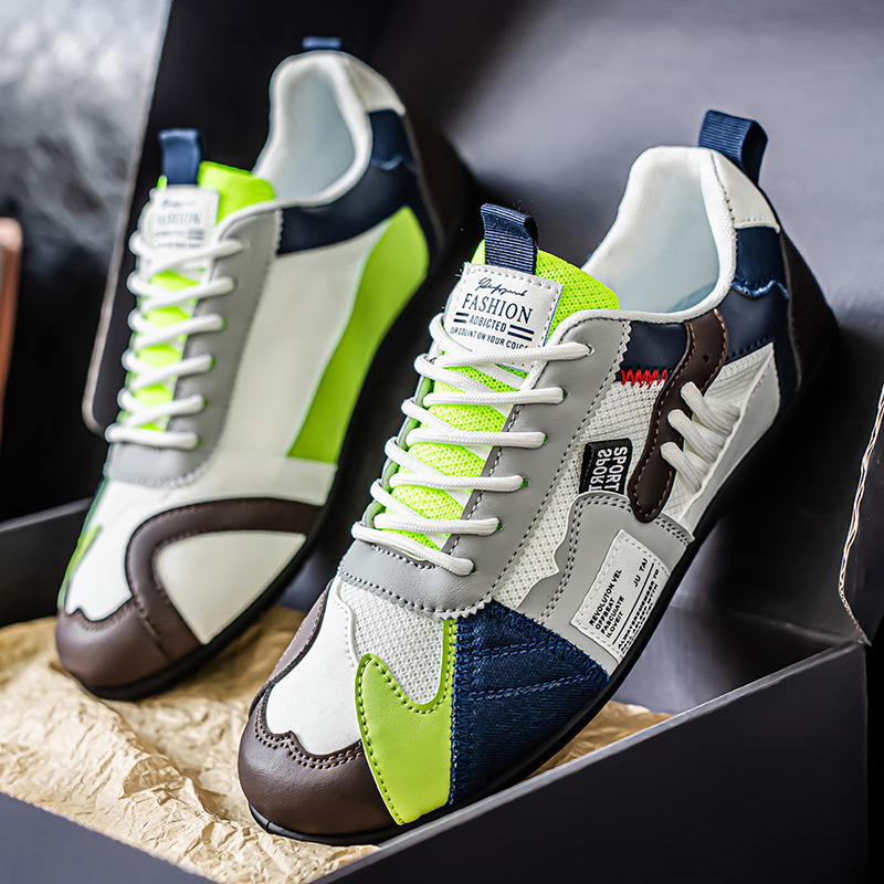 Men's Leather Comfortable Simple Color Blocked Sneakers Fashion Lightweight Round Toe Lace up Soft Sole Non-Slip Low Top Running Shoes Casual Walking Shoes