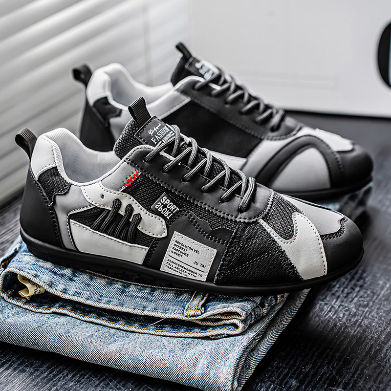 Men's Leather Comfortable Simple Color Blocked Sneakers Fashion Lightweight Round Toe Lace up Soft Sole Non-Slip Low Top Running Shoes Casual Walking Shoes