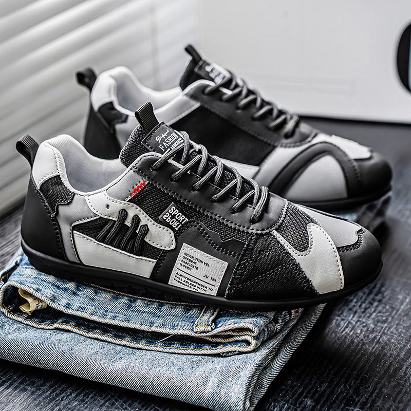 Men's Leather Comfortable Simple Color Blocked Sneakers Fashion Lightweight Round Toe Lace up Soft Sole Non-Slip Low Top Running Shoes Casual Walking Shoes