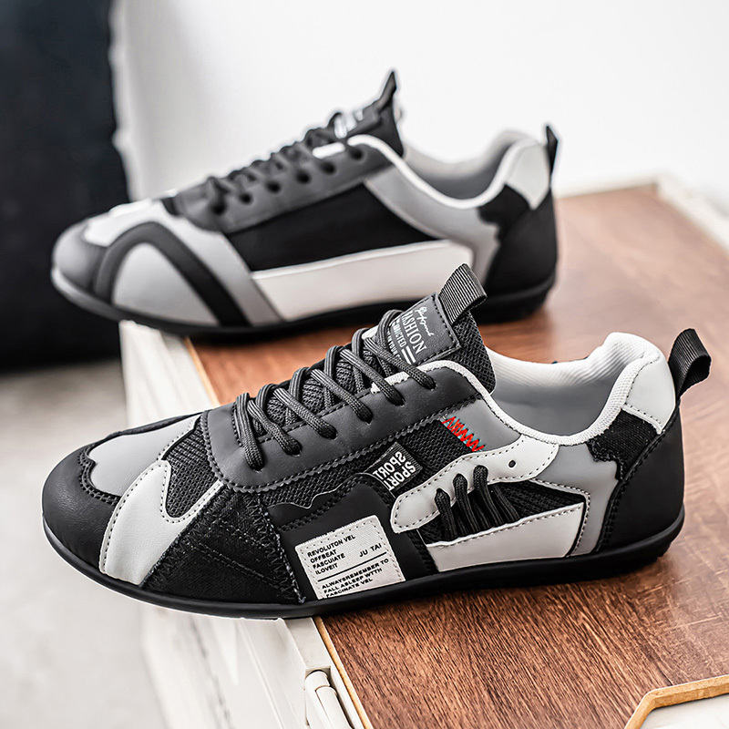 Men's Leather Comfortable Simple Color Blocked Sneakers Fashion Lightweight Round Toe Lace up Soft Sole Non-Slip Low Top Running Shoes Casual Walking Shoes