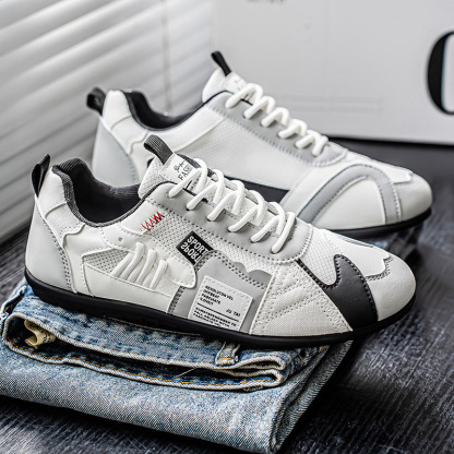Men's Leather Comfortable Simple Color Blocked Sneakers Fashion Lightweight Round Toe Lace up Soft Sole Non-Slip Low Top Running Shoes Casual Walking Shoes