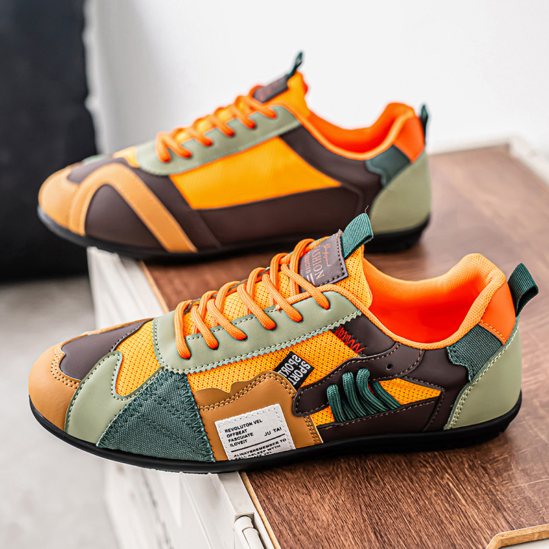 Men's Leather Comfortable Simple Color Blocked Sneakers Fashion Lightweight Round Toe Lace up Soft Sole Non-Slip Low Top Running Shoes Casual Walking Shoes