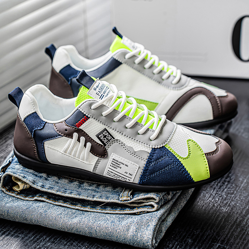 Men's Leather Comfortable Simple Color Blocked Sneakers Fashion Lightweight Round Toe Lace up Soft Sole Non-Slip Low Top Running Shoes Casual Walking Shoes
