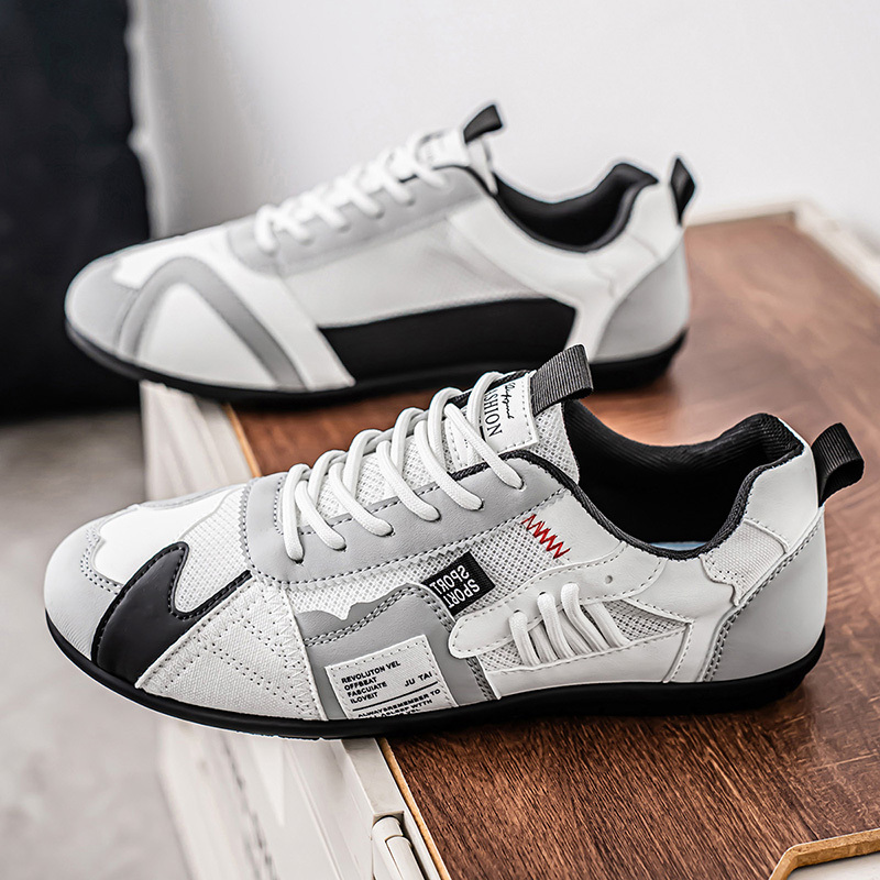 Men's Leather Comfortable Simple Color Blocked Sneakers Fashion Lightweight Round Toe Lace up Soft Sole Non-Slip Low Top Running Shoes Casual Walking Shoes