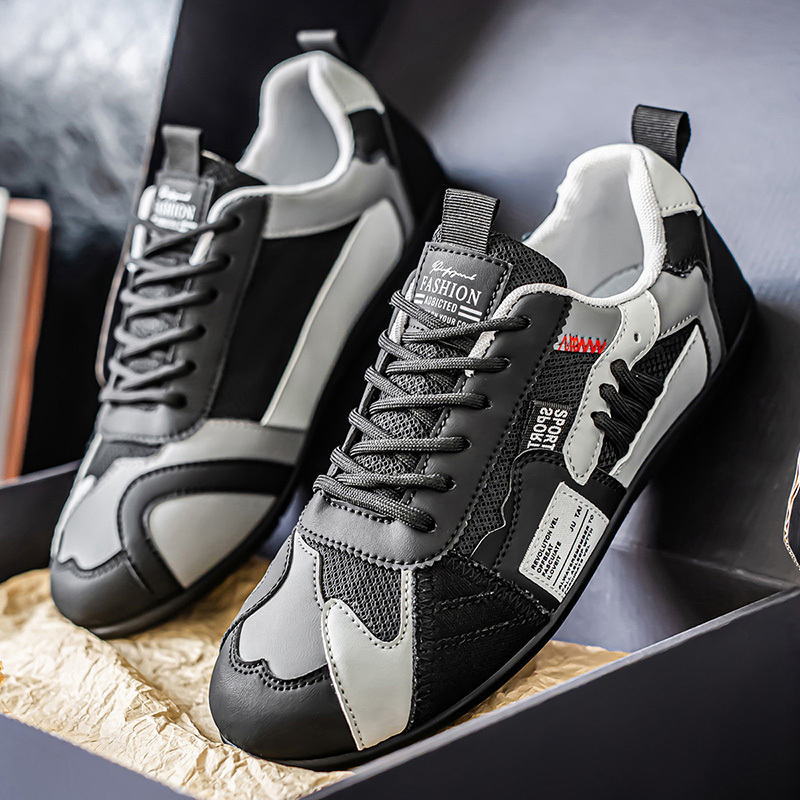 Men's Leather Comfortable Simple Color Blocked Sneakers Fashion Lightweight Round Toe Lace up Soft Sole Non-Slip Low Top Running Shoes Casual Walking Shoes